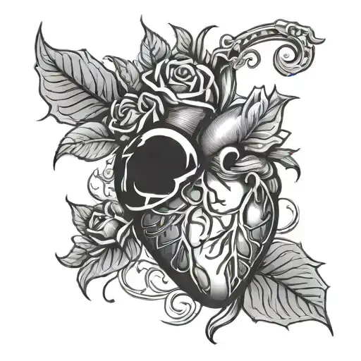Anatomical Heart With A Rose And Heart Disease Awareness Ribbon