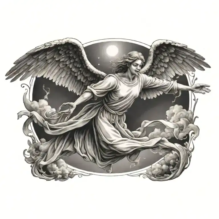 Flying Angel Holding Hands Reaching Towards Bright Shining Full