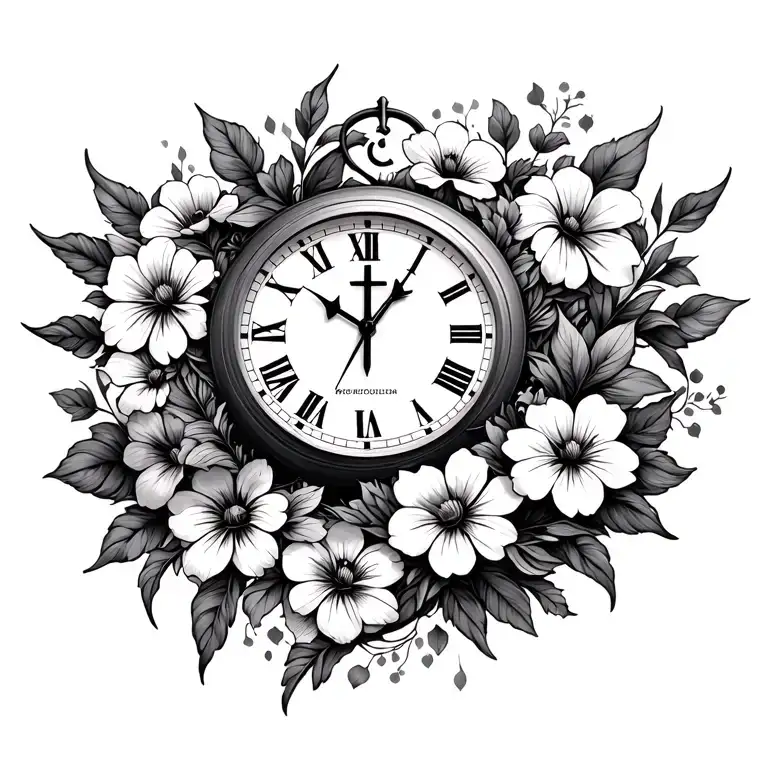 Clock With Cross Aspects And Flowers
