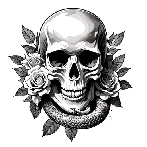 Traditional Skull And Snake And Roses With A Beach Background