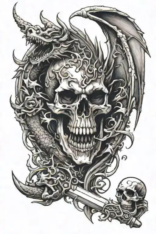 Dragon And Skull And Knife And Pistol Intertwined