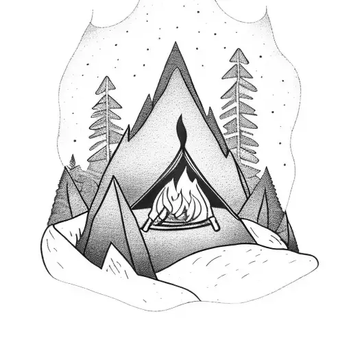 Campfire Scene With Mountain Landscape