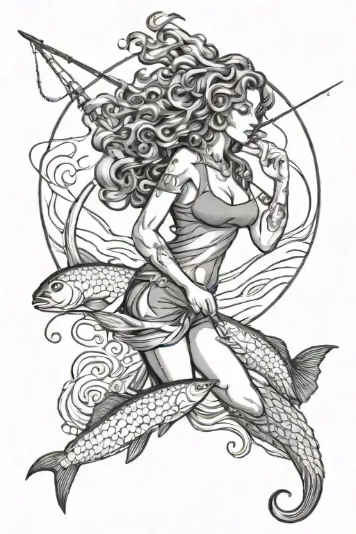 A Black And White Tattoo Design Of A Slim Thick Long Curly Haired Women Fishing