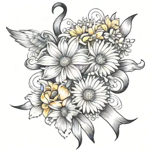 Cancer Ribbon Intertwined With A Daisy Flower And Narcissos Flower