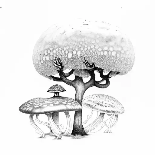 A Black-grey Tattoo Of A Mystical Forest With Mushroom Jellyfish Hidden Within The Trees