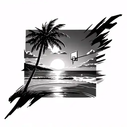 Basketball Court By A Beach With Sunset