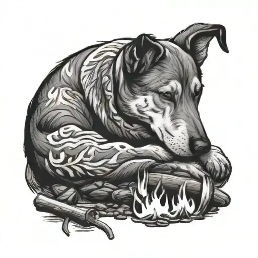 A Sleeping Dog Curled Up Next To A Campfire In The Wilderness