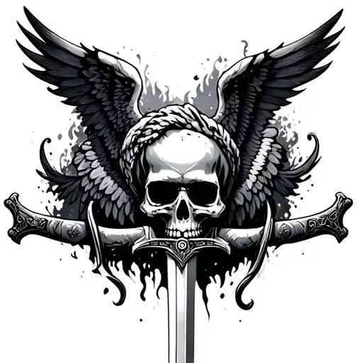 Skull With Sword And Wings Spread