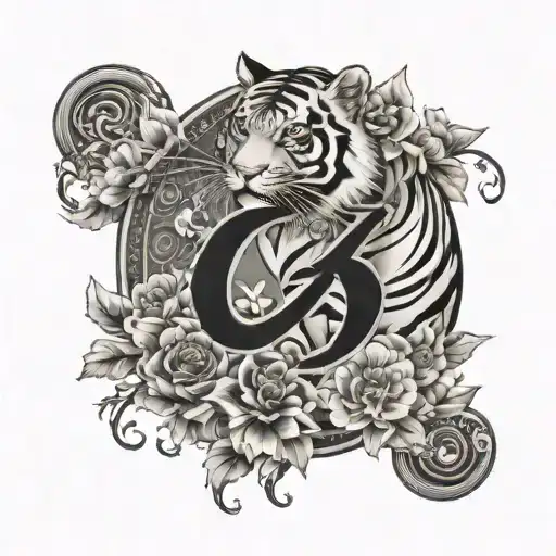 Number 6 With Chinese Art Style With Flowers And Tiger