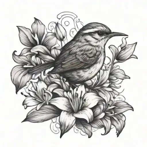 Wren Bird And Lily Flower
