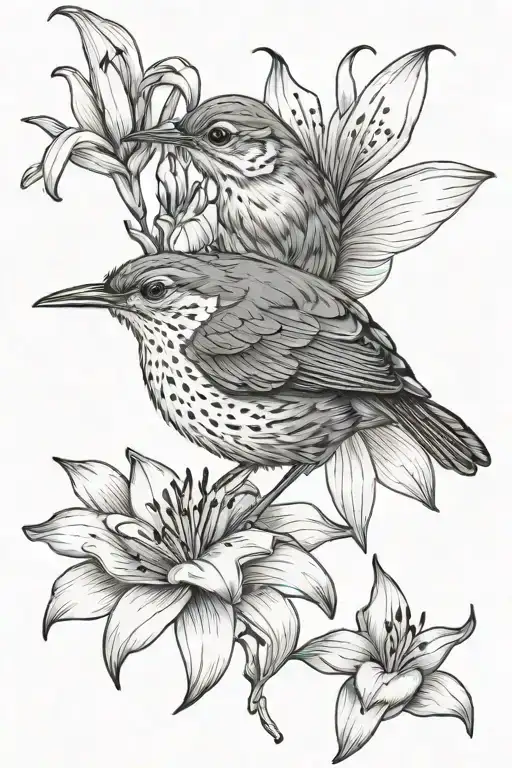Wren Bird And Lily Flower