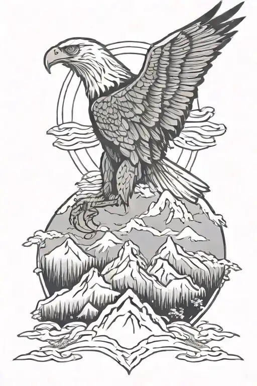 Eagle Flying Over A Mountain Landscape Tattoo Featuring Oval Border