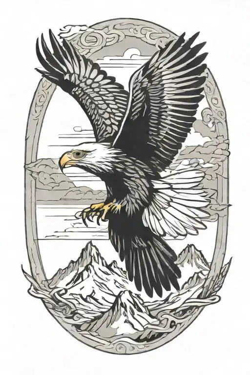 Eagle Flying Over Mountain Landscape Tattoo Featuring Oval Border