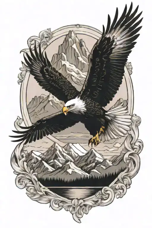 Eagle Flying Over Mountain Landscape Tattoo Featuring Oval Border