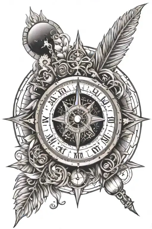 Tattoo Template With Solar System In Clock With Compass Needles And Mandala Shapes In Between