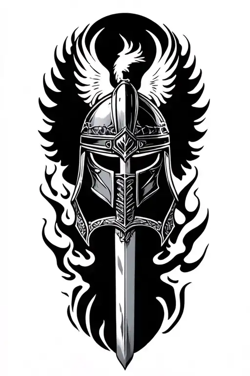 Gladiator Helmet On Sword With Phoenix Rising From Flames