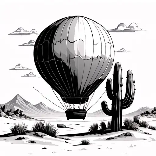 Desert Landscape With A Cactus And Hot Air Balloon