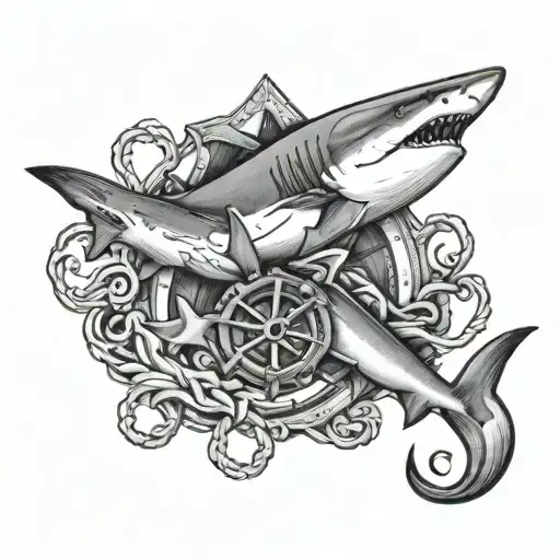 Cape Cod Sharks And Anchor Connected Tattoo Design