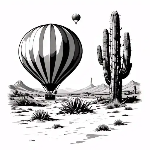 Desert Landscape With A Cactus And Hot Air Balloon Floating In The Distance