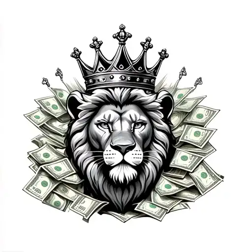 Lion With Crown On Throne Wearing A Crown Made Of Money