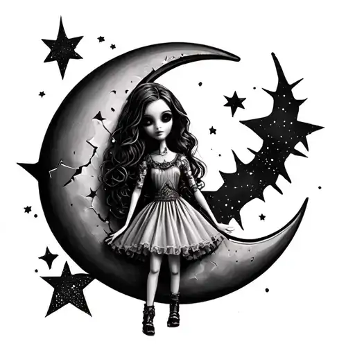 Broken Doll On Crescent Moon With Stars