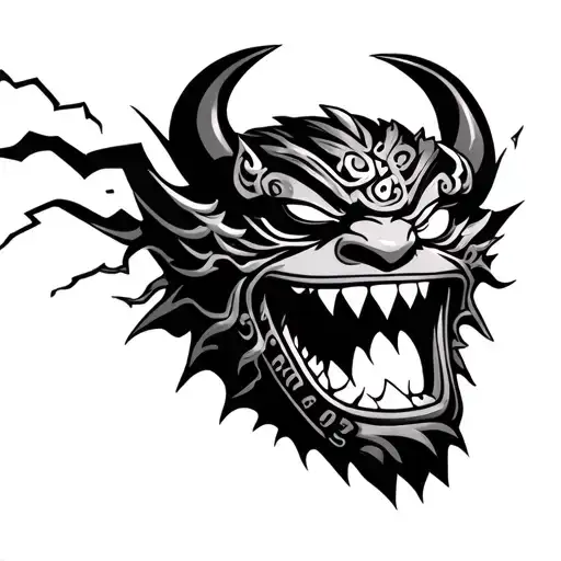 A Traditional Oni Mask With The Numbers 999 In A Roman Font Inside The Mouth Surrounded By Lightning
