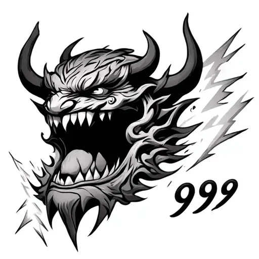 A Traditional Oni Mask With The Numbers 999 In A Roman Font Inside The Mouth Surrounded By Lightning
