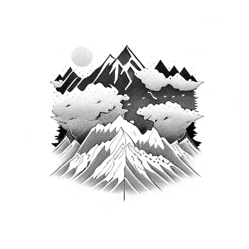 An Intricate Black And Grey Design Of A Mountain Range With Blooming Flowers