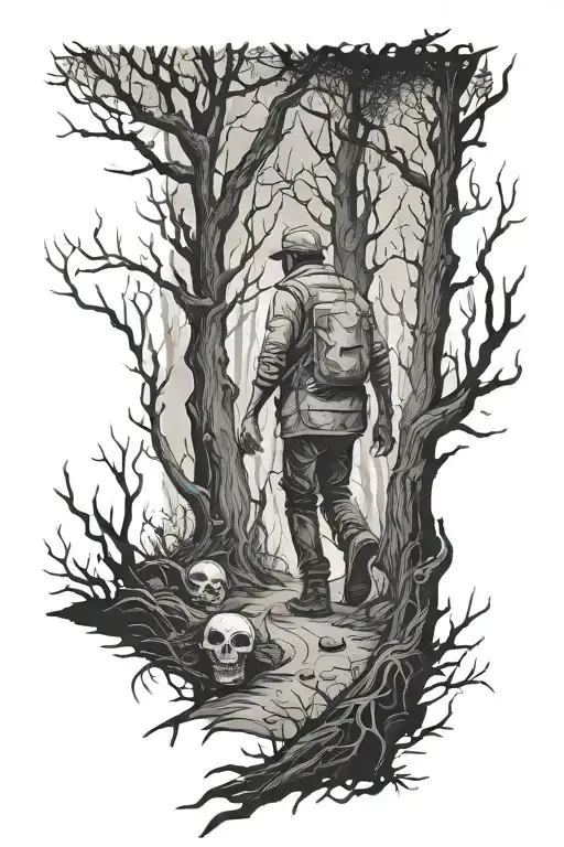 Man Walking In Dark Dead Forest