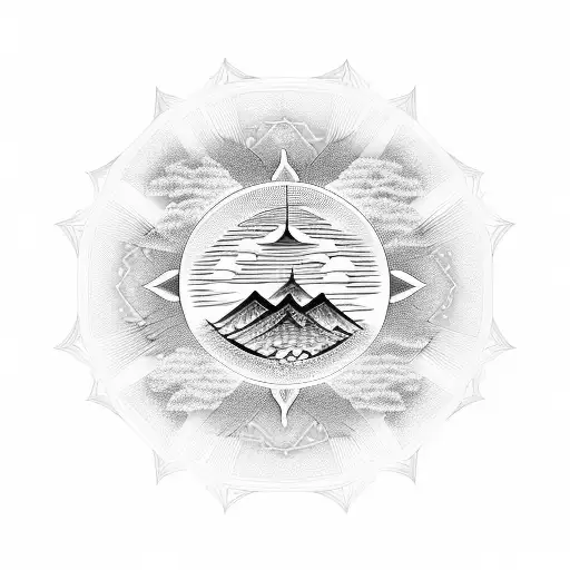 An Intricate Pattern Of Japanese Geometric Shapes Forming A Skyline Silhouette Against A Setting Sun