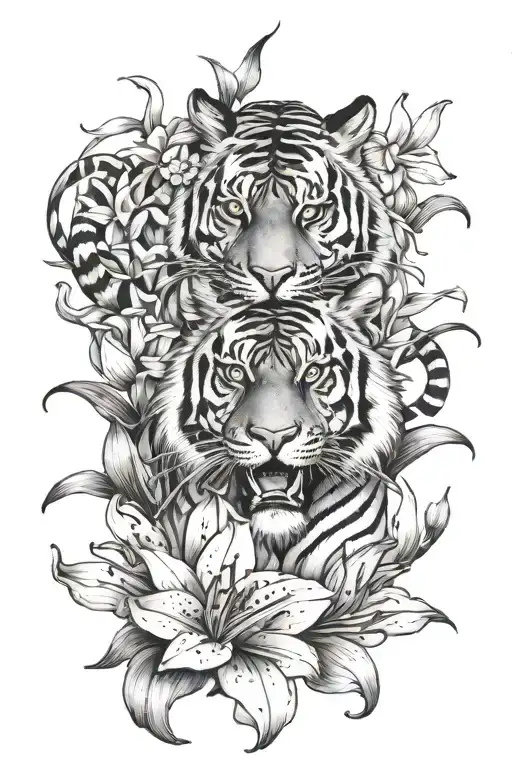 Tiger And Lilies Intertwined