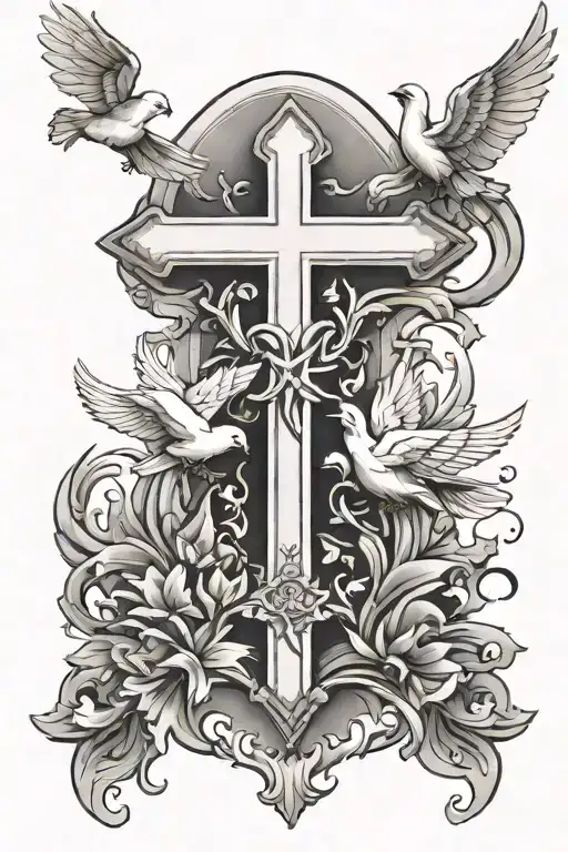 White Christian Cross Surrounded By Doves Flying