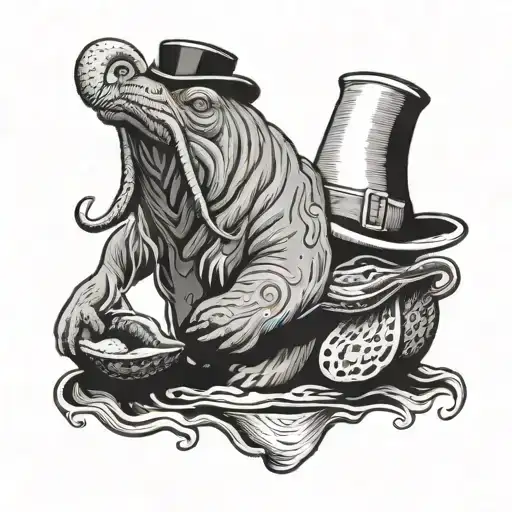 Walrus With Top Hat Holding A Scroll And Reading To Oysters