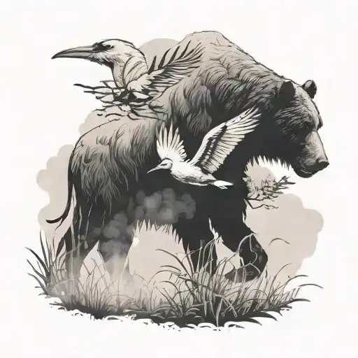 A Field In The Fog Where A Stork And A Bear Fight