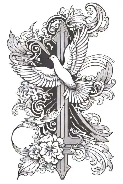 White Christian Cross With Flying White Dove Mid Flight