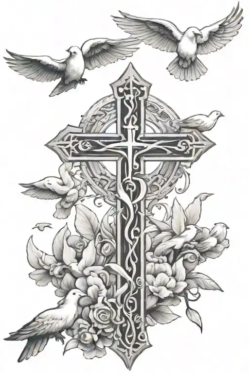 White Christian Cross Surrounded By Flying Doves