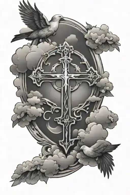 Christian Cross Surrounded By Flying Doves And Clouds