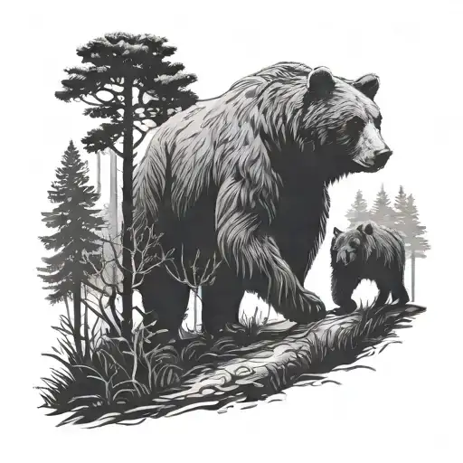 A Silhouette Image Of A Young Woman And A Large Bear Walking Down A Path In The Woods