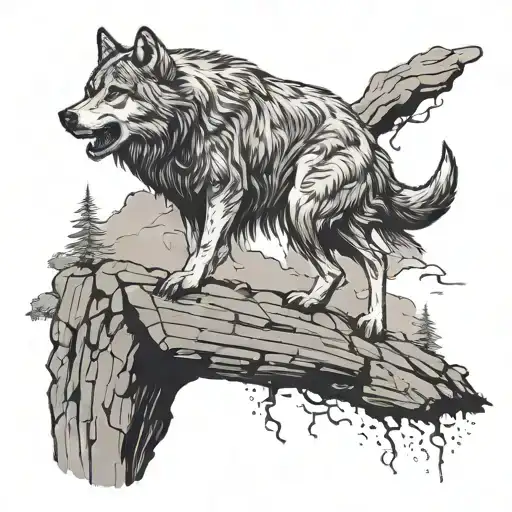 Wolf Jumping Out Of A Cliff To Get A Pray