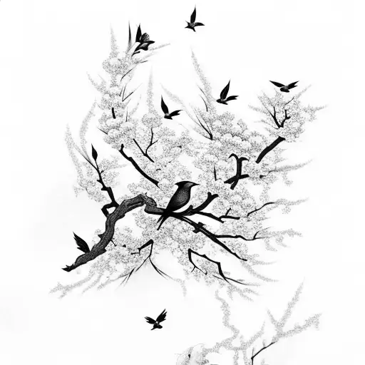 Dark Cherry Blossom With Birds
