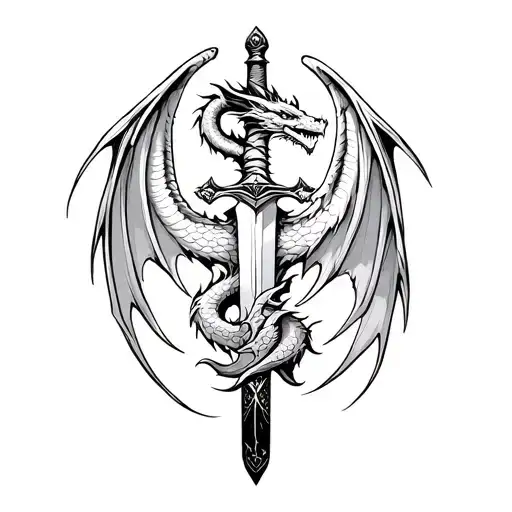 Dragon Flaring Wings Wrapped Around A Sword