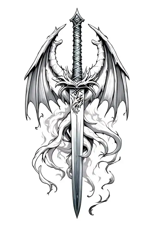 Dragon Flaring Wings Wrapped Around A Sword