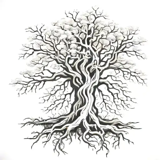 An Intricate Design Of A Tree With Roots Spreading Out Like Hiking Trails