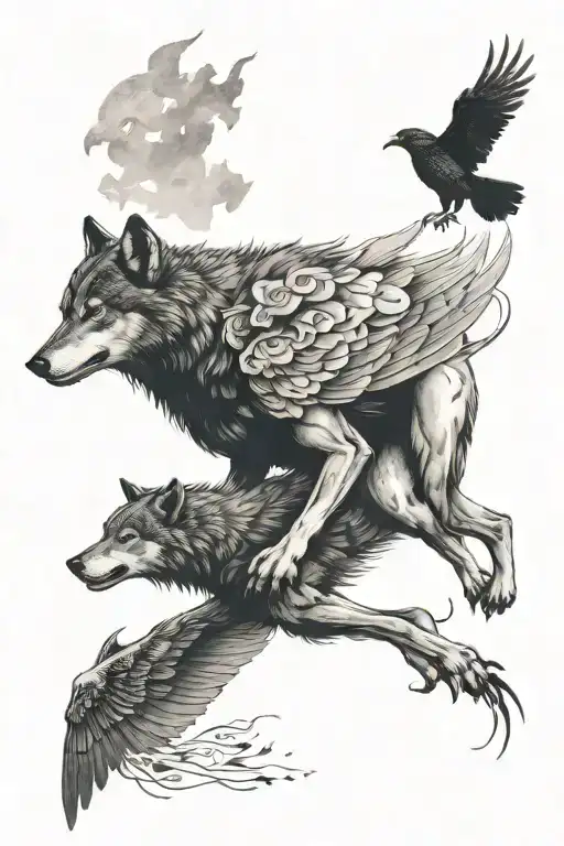 Style Of Inez Janiak Of A Wolf And A Crow Flying Above It