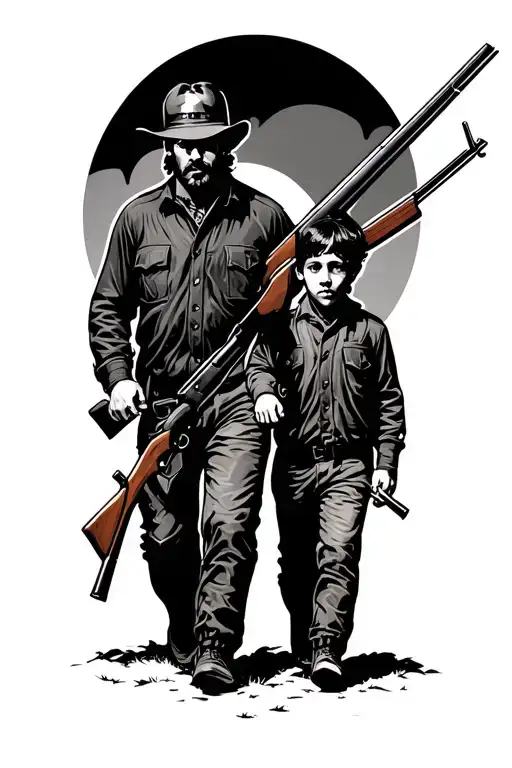 Father And Son Hunting Rifle Walking