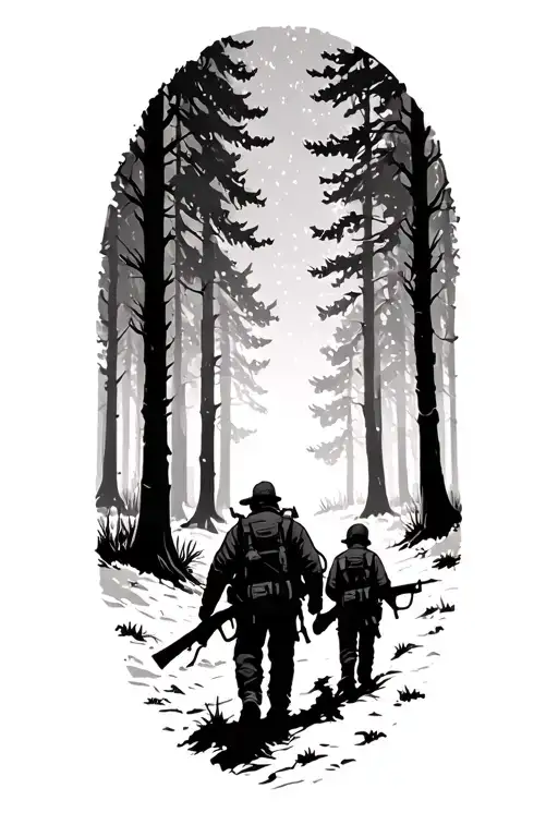 Father And Son Hunting Rifle Silhouette Walking Into The Woods