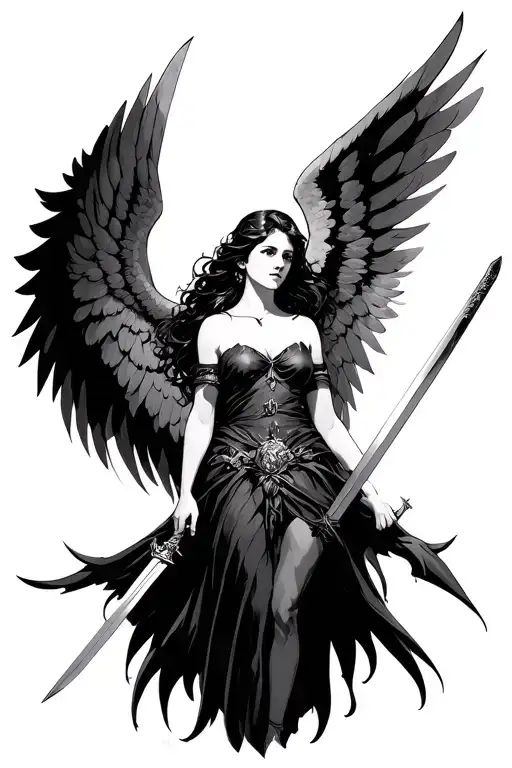 Woman With Wings Angel Like While Holding A Sword