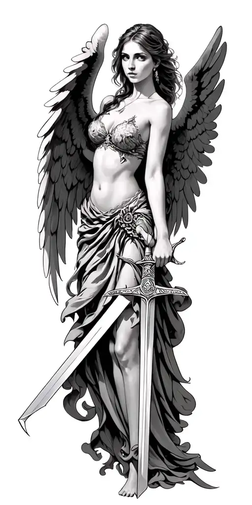 Woman With Wings Angel Like While Holding A Sword