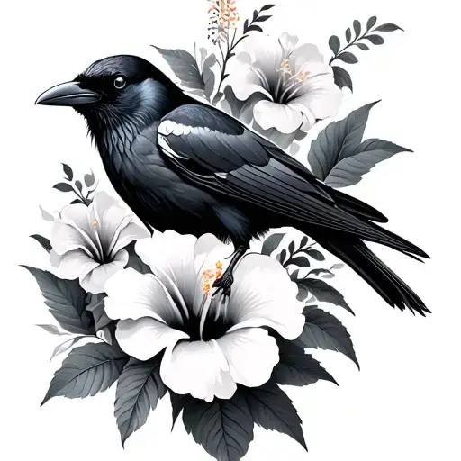 Hibiscus Flowers And Raven Perched