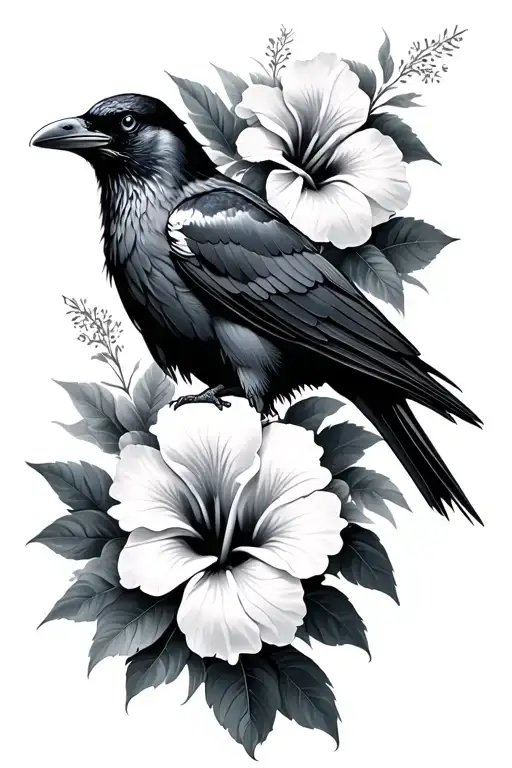Hibiscus Flowers And Raven Standing